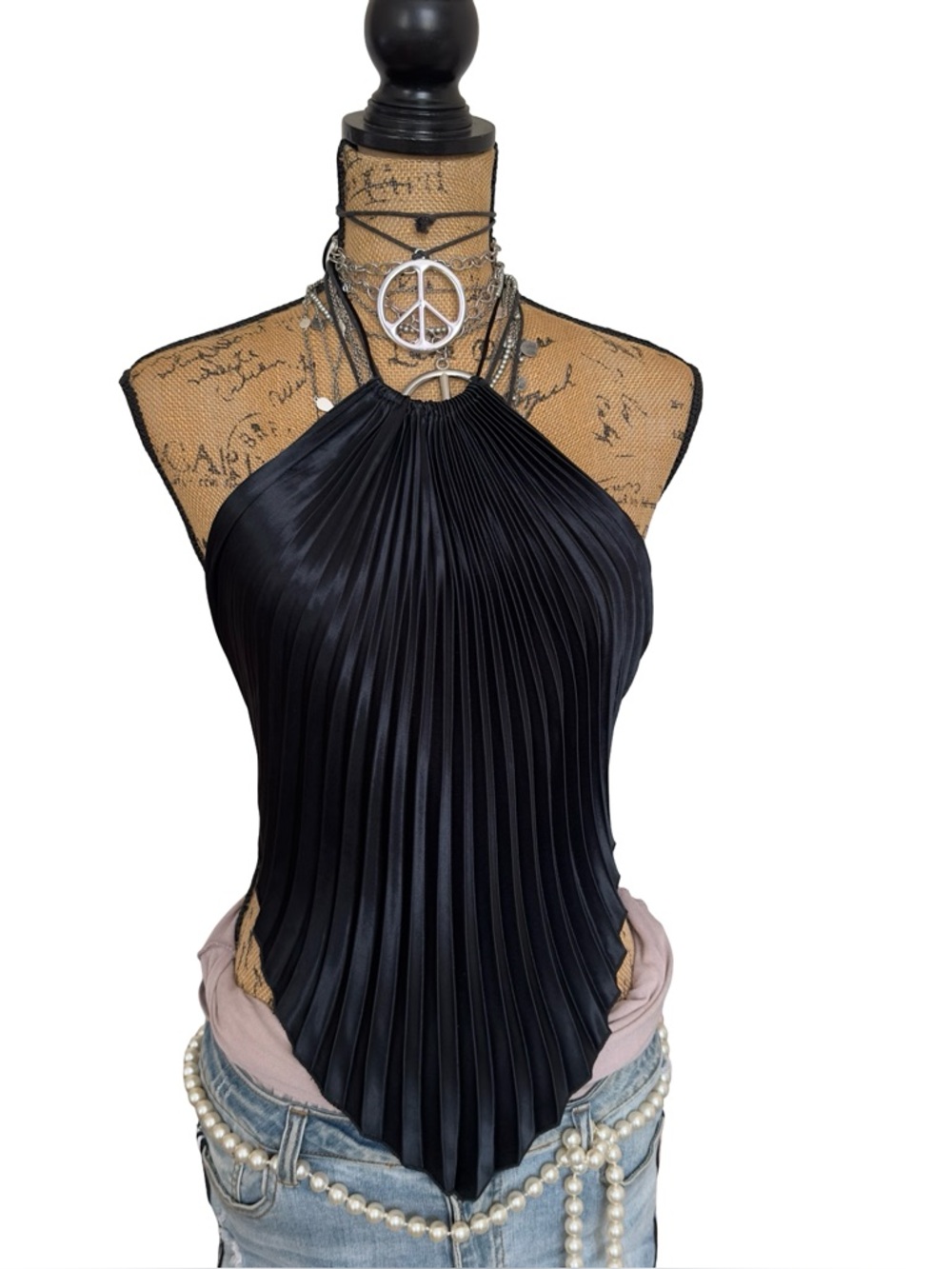 SOPRANO women's BLACK PLEATED SATIN HALTER NECK BACKLESS TOP - SIZE OS